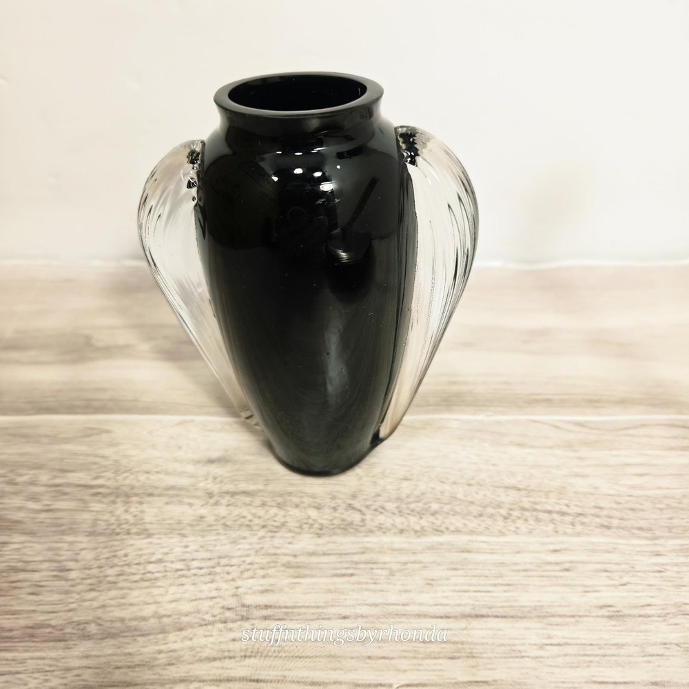 Vintage 1983 Two's Company Art Deco Hand Blown Black Glass Vase
